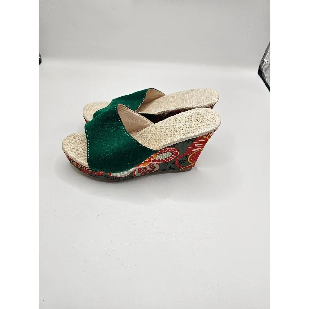 Green Floral Paisley Wedge Sandals Boho Platform Slide Mules Womens 39